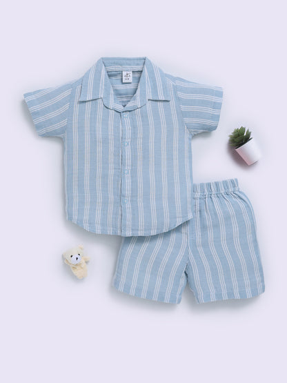 Blue Cotton Striped Half Sleeve Co-ord Set