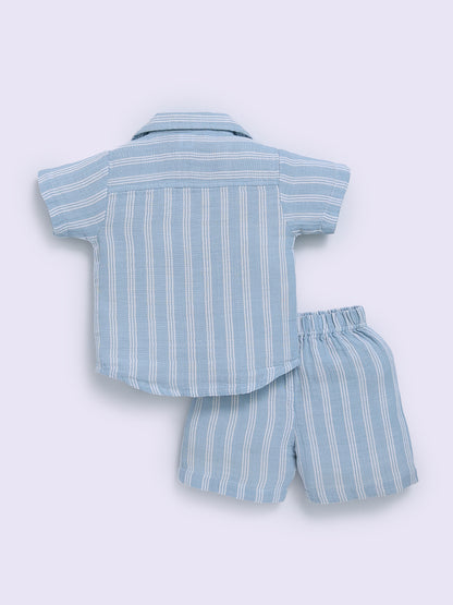 Blue Cotton Striped Half Sleeve Co-ord Set