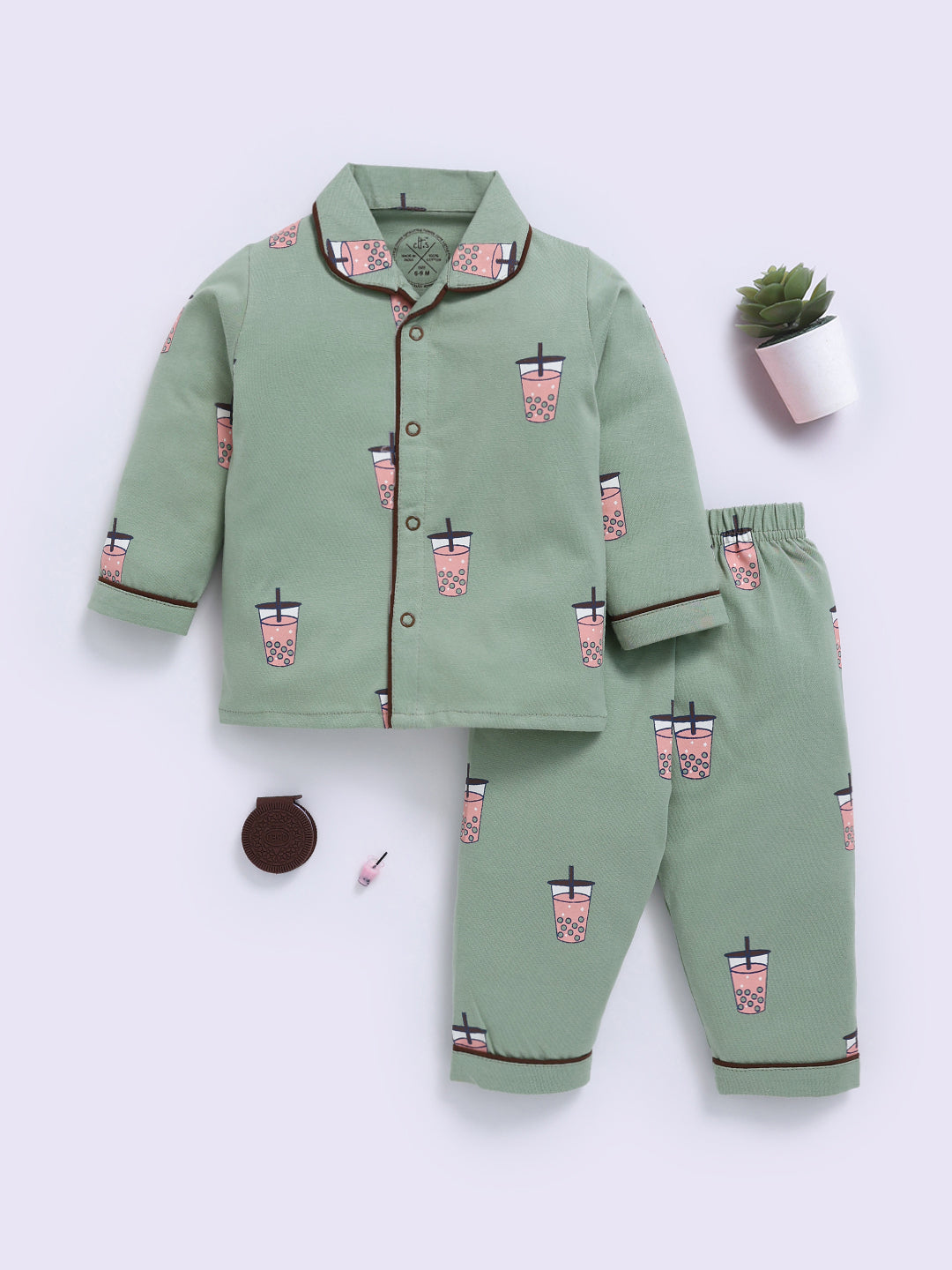 Green Cotton Typography Full Sleeve Night Suit