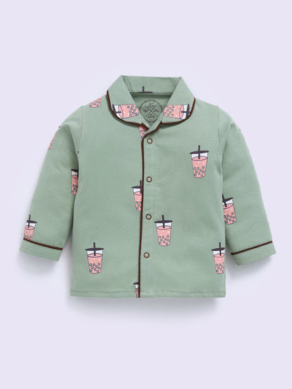 Green Cotton Typography Full Sleeve Night Suit