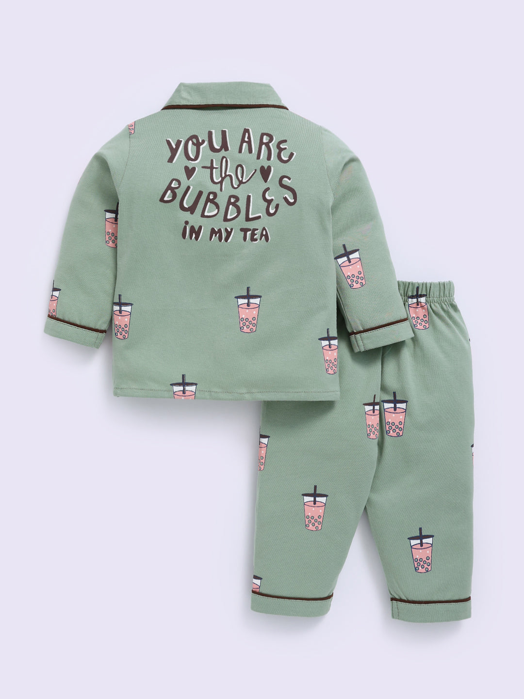 Green Cotton Typography Full Sleeve Night Suit