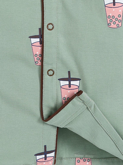 Green Cotton Typography Full Sleeve Night Suit