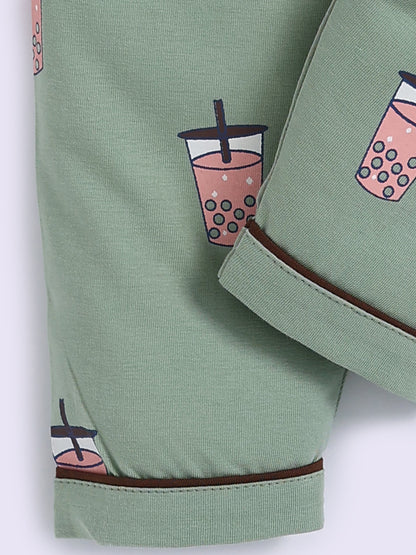 Green Cotton Typography Full Sleeve Night Suit