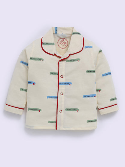 Cream Cotton Typography Full Sleeve Night Suit