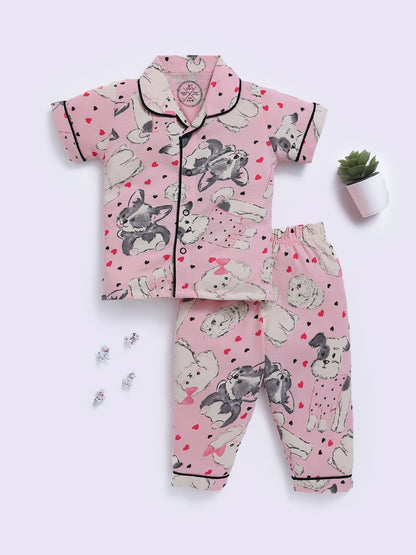 Pink Cotton Animal Print Half Sleeve Night Suit