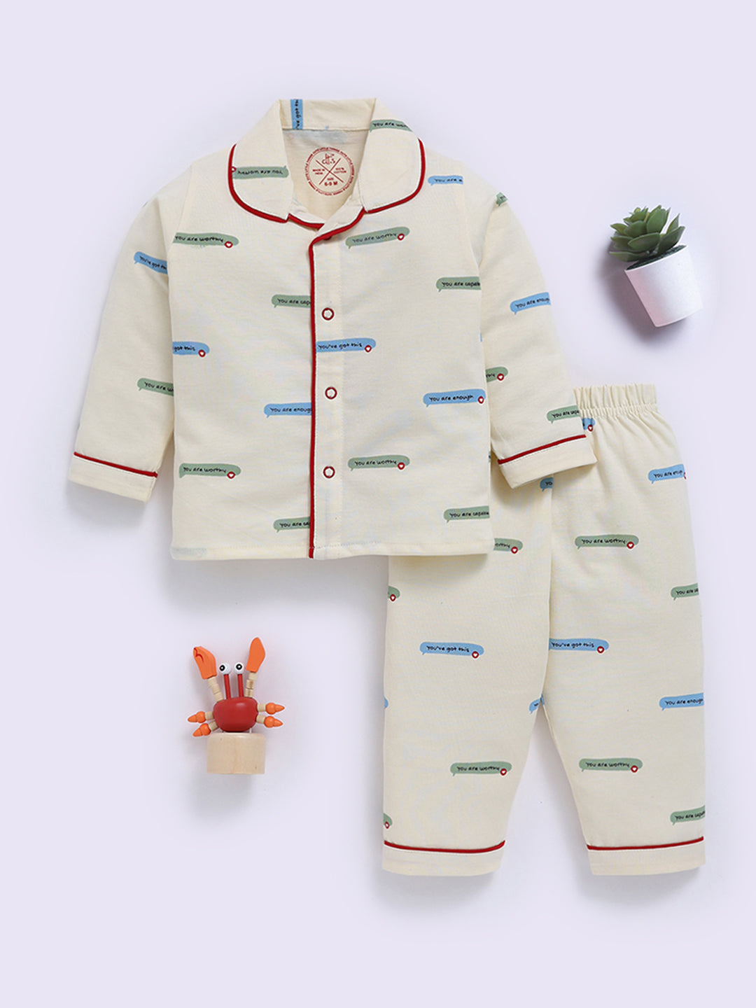 Cream Cotton Typography Full Sleeve Night Suit