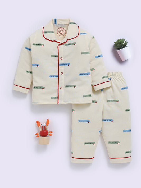 Cream Cotton Typography Full Sleeve Night Suit