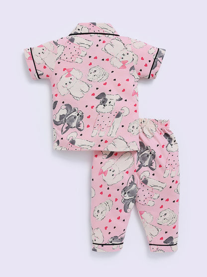Pink Cotton Animal Print Half Sleeve Night Suit