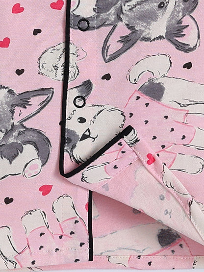 Pink Cotton Animal Print Half Sleeve Night Suit
