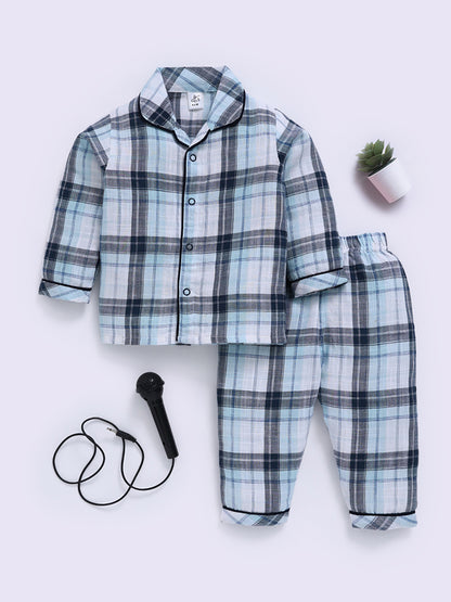 Blue Cotton Checked Full Sleeve Night Suit