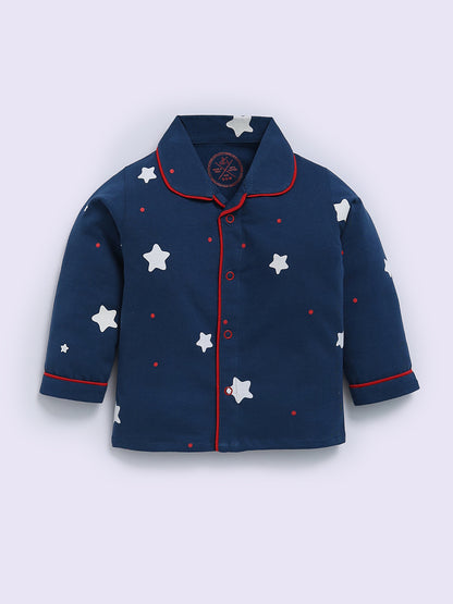 Blue Cotton Typography Full Sleeve Night Suit