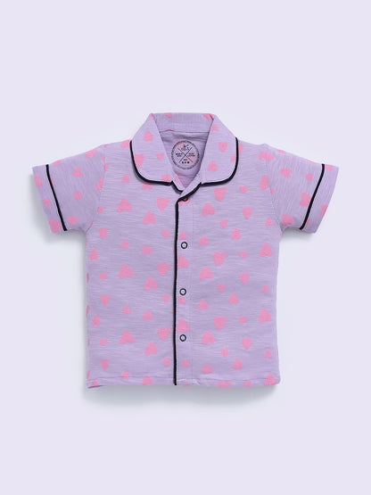 'Hearts' Mauve Cotton Half Sleeve Night Suit