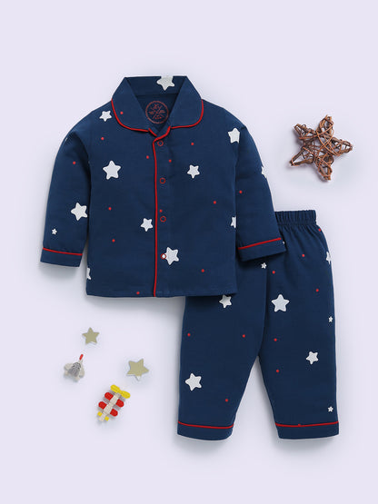 Blue Cotton Typography Full Sleeve Night Suit