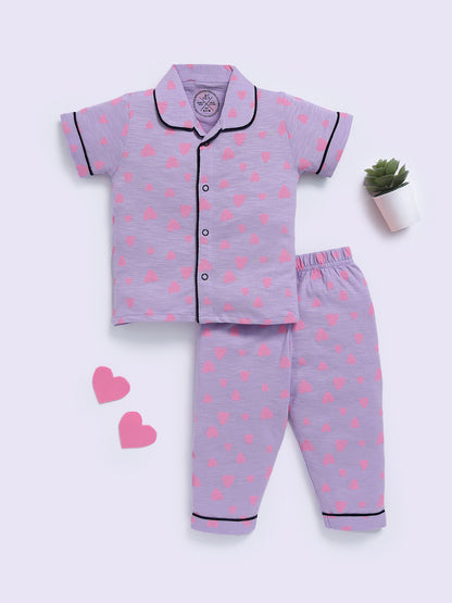 'Hearts' Mauve Cotton Half Sleeve Night Suit