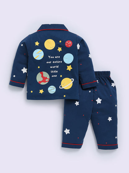 Blue Cotton Typography Full Sleeve Night Suit