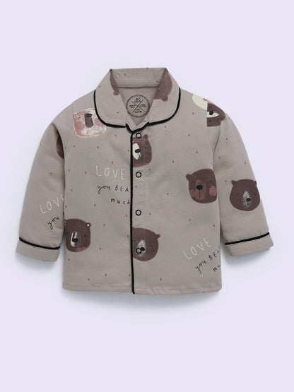 Cement Cotton Bear Print Full Sleeve Night Suit