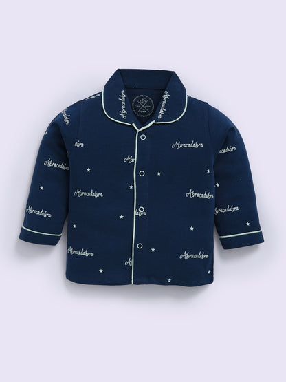 Blue Cotton Typography Full Sleeve Night Suit