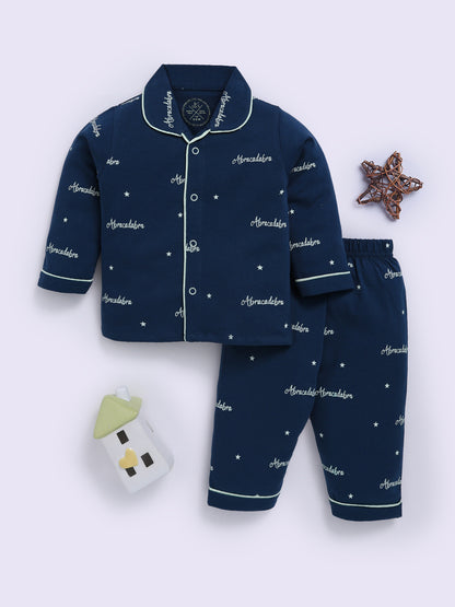 Blue Cotton Typography Full Sleeve Night Suit