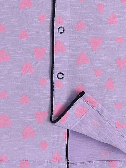 'Hearts' Mauve Cotton Half Sleeve Night Suit