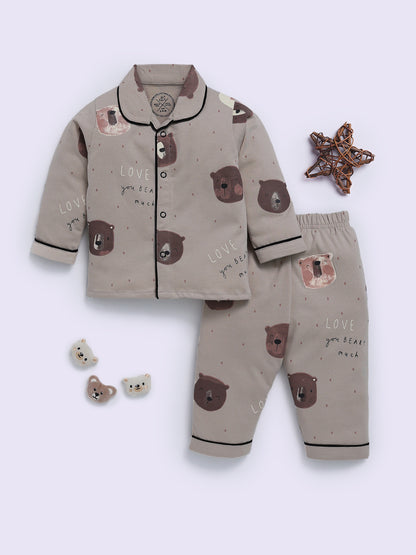 Cement Cotton Bear Print Full Sleeve Night Suit