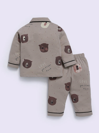 Cement Cotton Bear Print Full Sleeve Night Suit