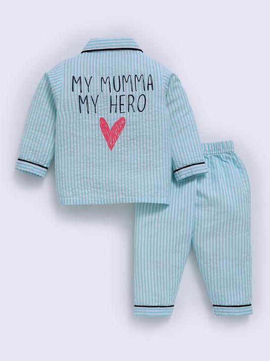 Blue Cotton Typography Full Sleeve Night Suit