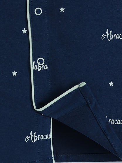Blue Cotton Typography Full Sleeve Night Suit
