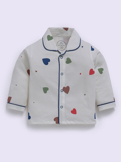 Off White Hearts Print Full Sleeve Night Suit