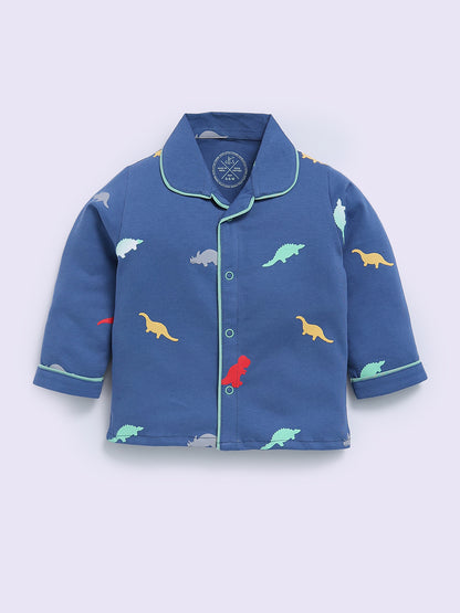Blue Cotton Dino Print Full Sleeve Night Suit