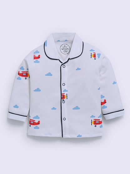 White Cotton Graphic Full Sleeve Night Suit
