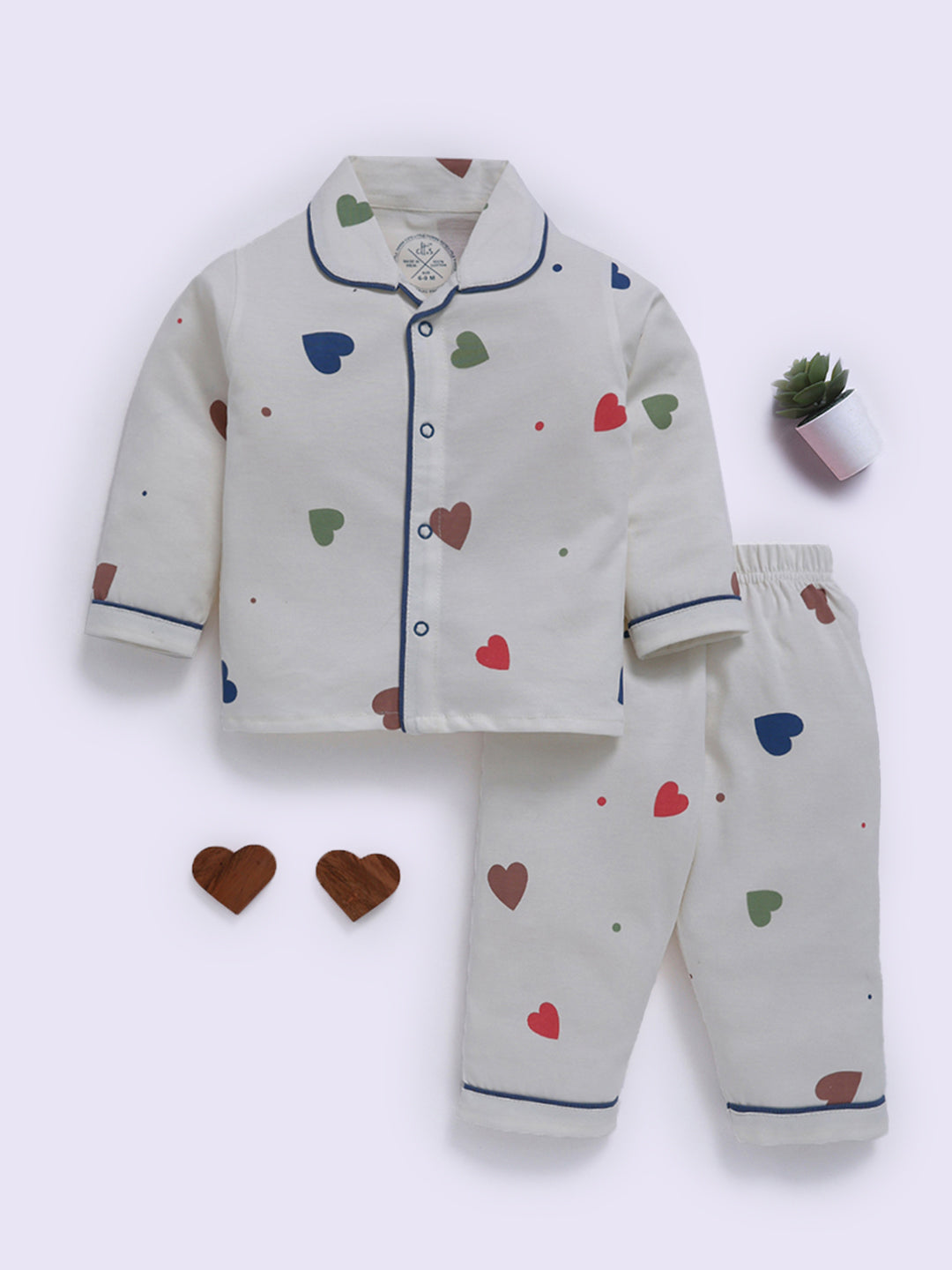 Off White Hearts Print Full Sleeve Night Suit