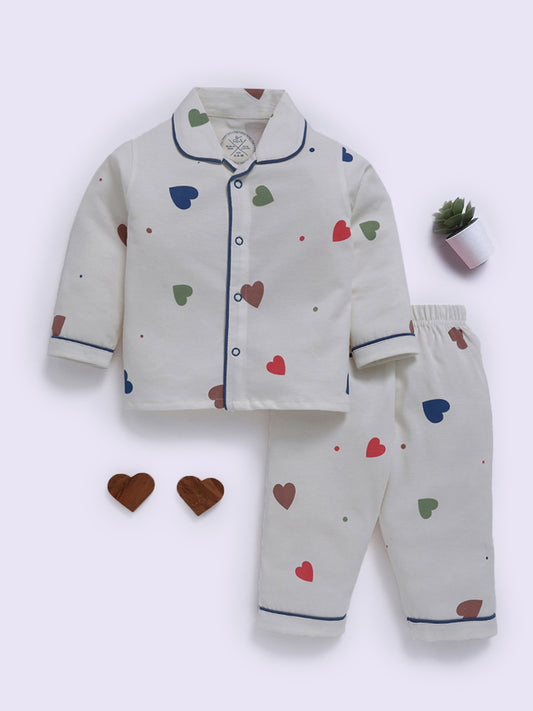 Off White Hearts Print Full Sleeve Night Suit