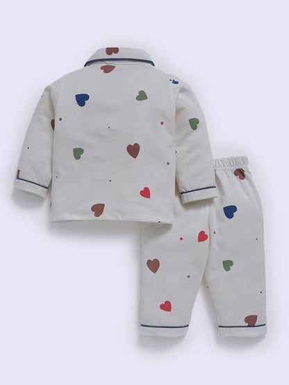 Off White Hearts Print Full Sleeve Night Suit