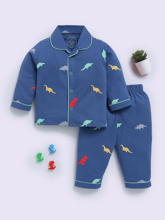Blue Cotton Dino Print Full Sleeve Night Suit