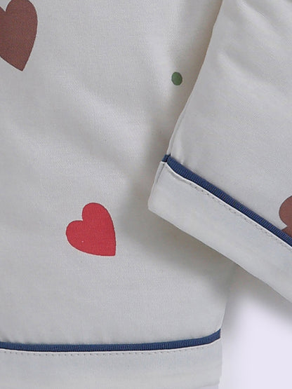 Off White Hearts Print Full Sleeve Night Suit