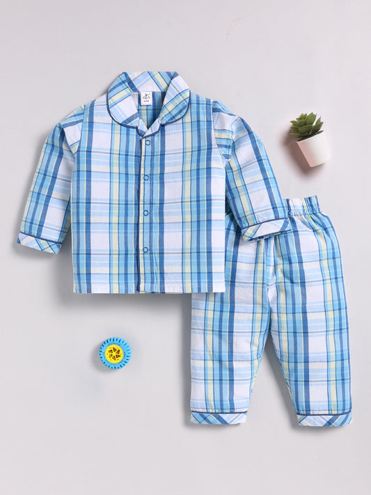 Blue Cotton Checked Full Sleeve Night Suit