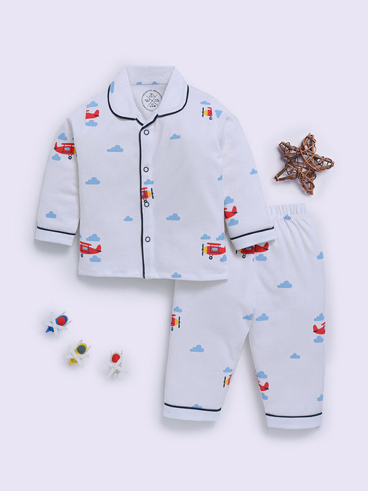 White Cotton Graphic Full Sleeve Night Suit
