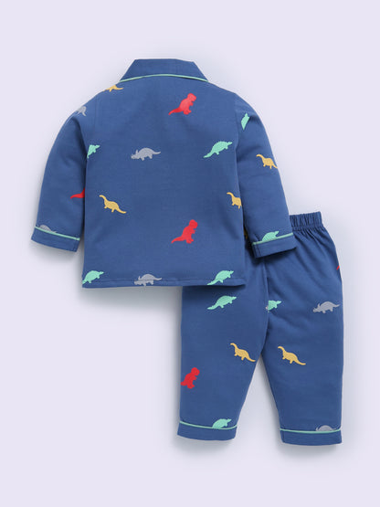 Blue Cotton Dino Print Full Sleeve Night Suit