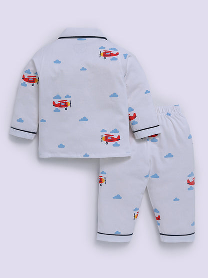 White Cotton Graphic Full Sleeve Night Suit