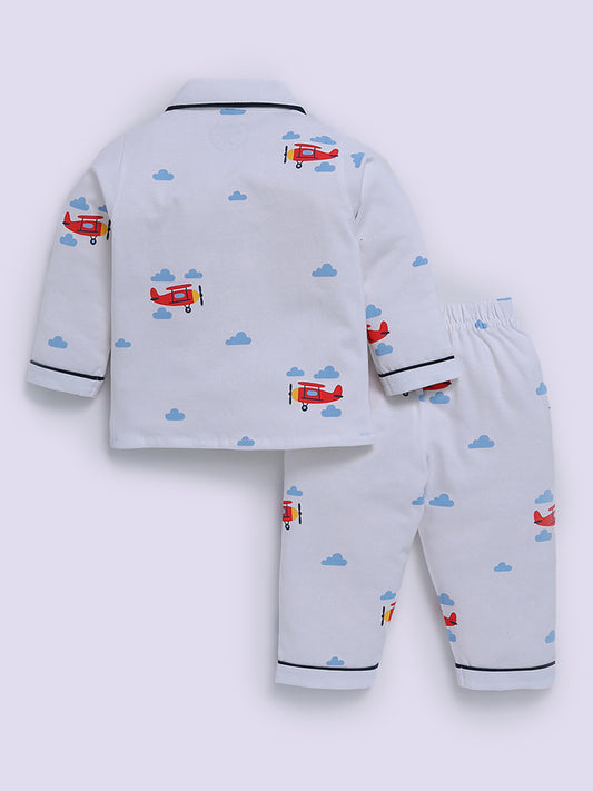 White Cotton Graphic Full Sleeve Night Suit