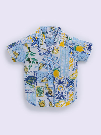 Blue Cotton Tropical Half Sleeve Co-ord Set