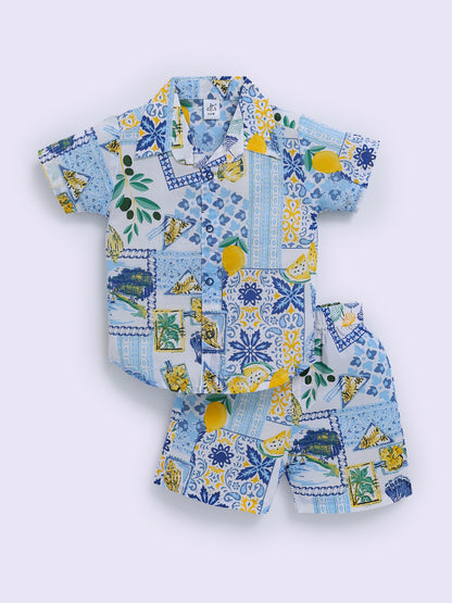 Blue Cotton Tropical Half Sleeve Co-ord Set