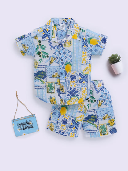 Blue Cotton Tropical Half Sleeve Co-ord Set