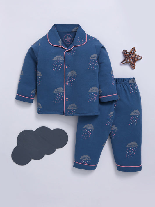 'Clouds' Blue Cotton Full Sleeve Night Suit