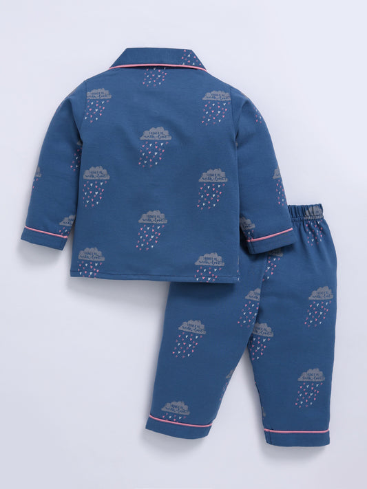 'Clouds' Blue Cotton Full Sleeve Night Suit