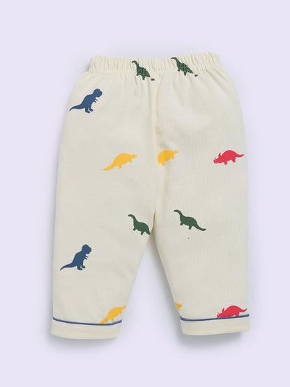 Cream Cotton Dino Print Full Sleeve Night Suit