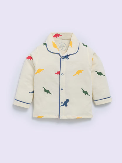 Cream Cotton Dino Print Full Sleeve Night Suit