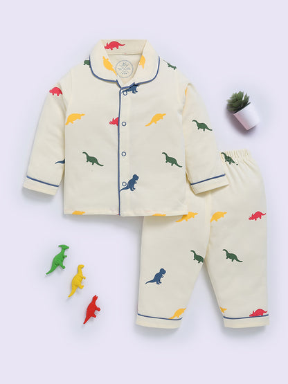 Cream Cotton Dino Print Full Sleeve Night Suit