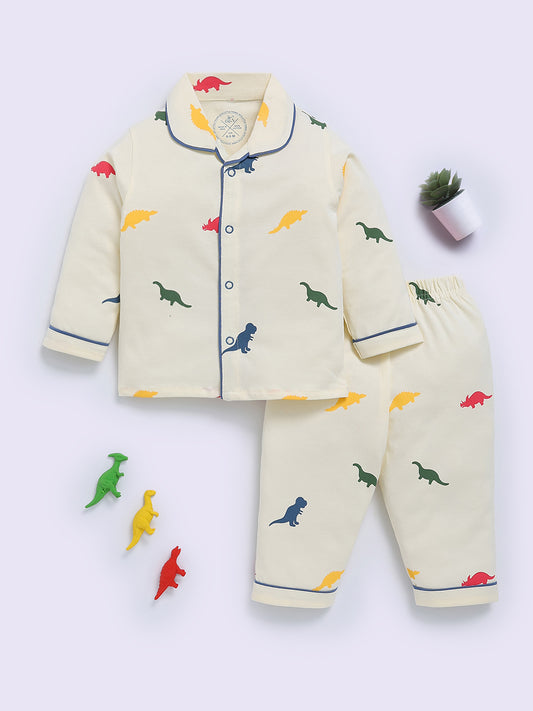 Cream Cotton Dino Print Full Sleeve Night Suit