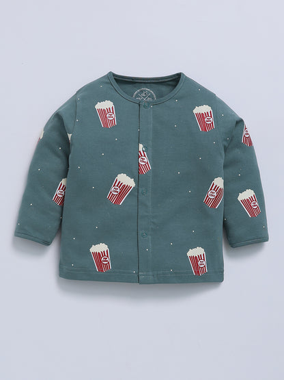 Popcorn Printed Green Cotton Full Sleeve Night Suit